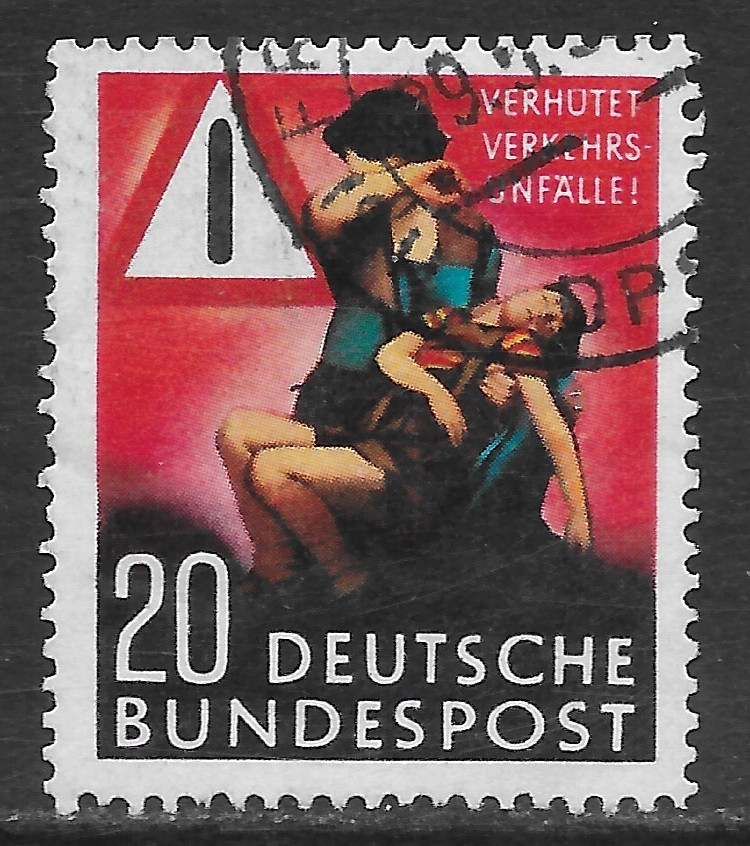 GERMANY SCOTT 694 USED VF – 1953 20pf MULTI-COLOR – PREVENT TRAFFIC ACCIDENTS