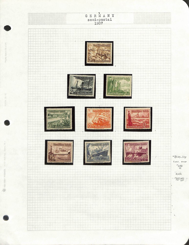 Germany, Postage Stamp, #B107-B115 Mint NH, 1937 Nautical, Ships
