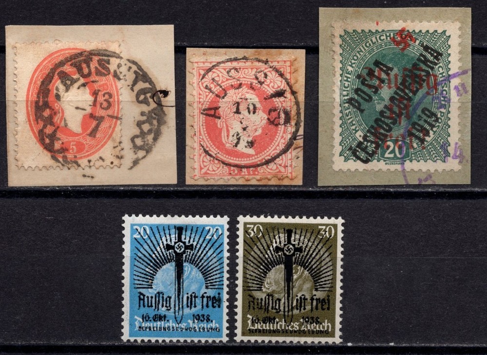 Sudetenland 1865/1938 Aussig cds with overprints and stamps on pieces seldom
