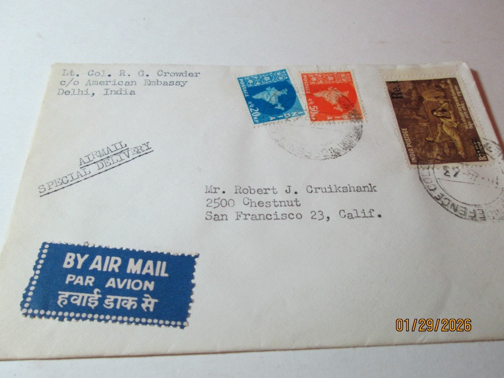 AIR MAIL SPECIAL DELIVERY POST MARK ENVELOPE. “ INDIA“ 3 STAMP.