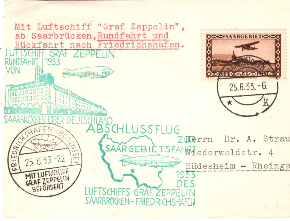 GRAF ZEPPELIN SAAR Air Mail Card ABSCHLUSSFLUG SAARGEBIET 1933 Saarbrücken KZ72