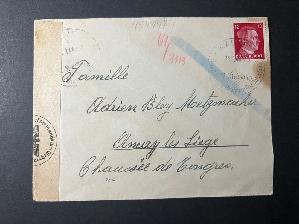 1944 Germany WWII Censored Cover Malmedy to Olmeay les Liege Belgium