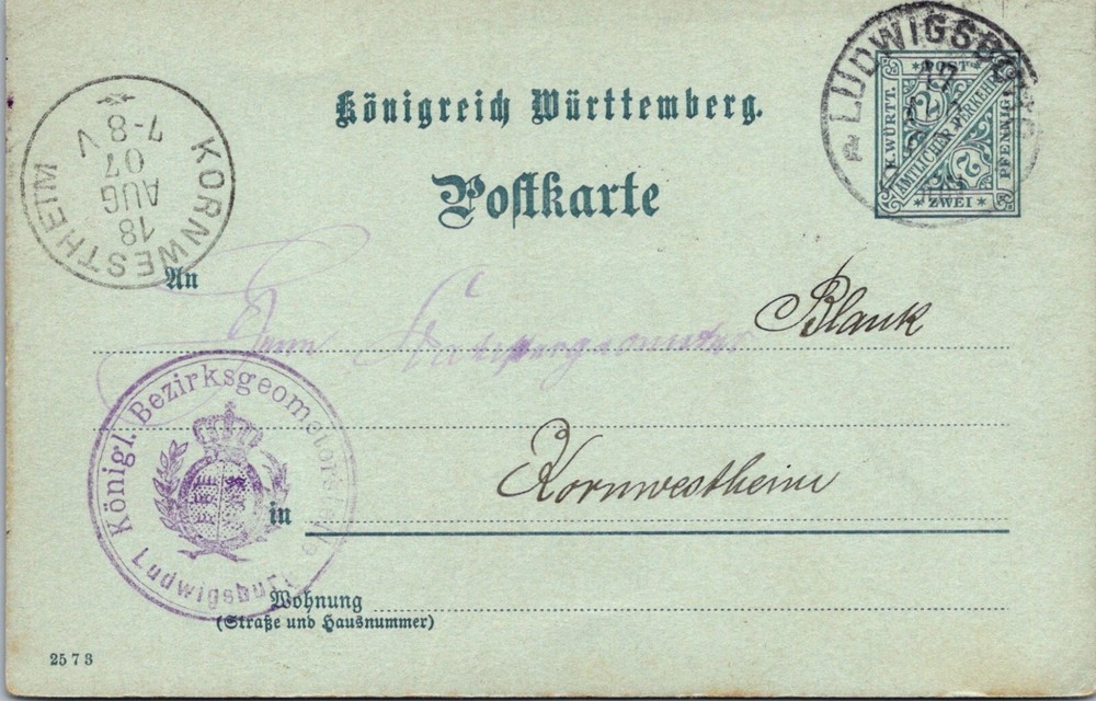 Germany 1907 – Royal District Geomotor Office – Ludwigsburg – PPC – F67080
