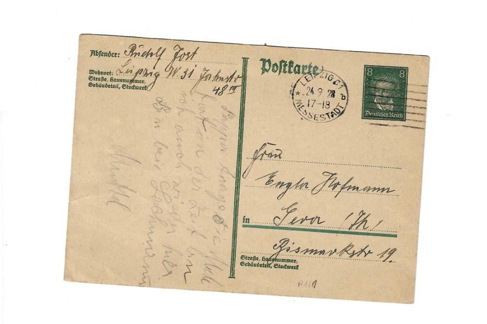 GERMANY 1928 Post card sent from Leipzig Messestadt to Gera