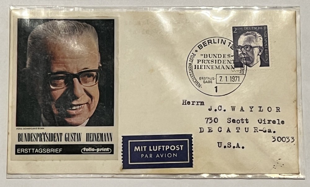 1971 BERLIN GERMANY PRESIDENT HEINEMANN COMMEMORATIVE CANCEL FOLLO-PRINT COVER