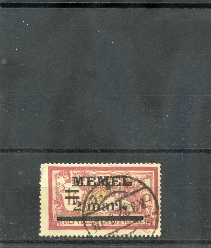 MEMEL Sc 28(MI 28x)F-VF USED 1920 2MK/1F BRT BRN CARMINE/ YELLOW, Gc PAPER $40