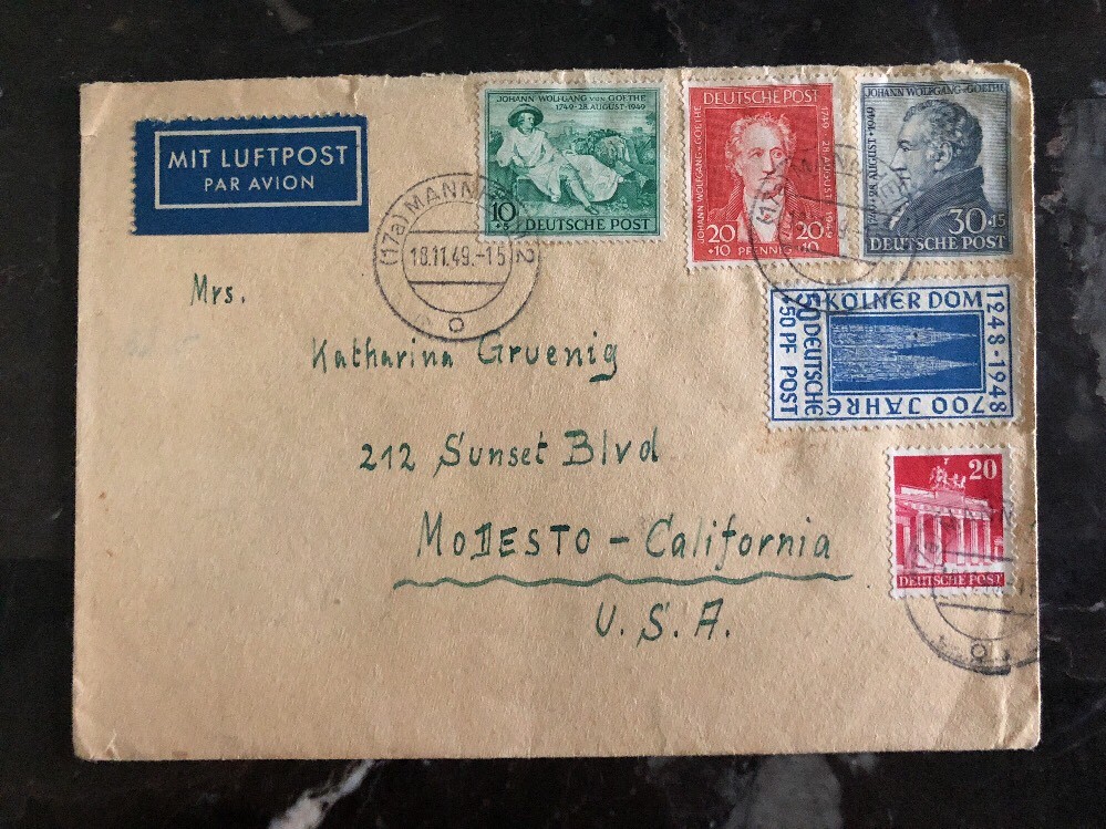1949 Mannheim Germany USA zone Post WW2 Cover To Modesto Ca Usa