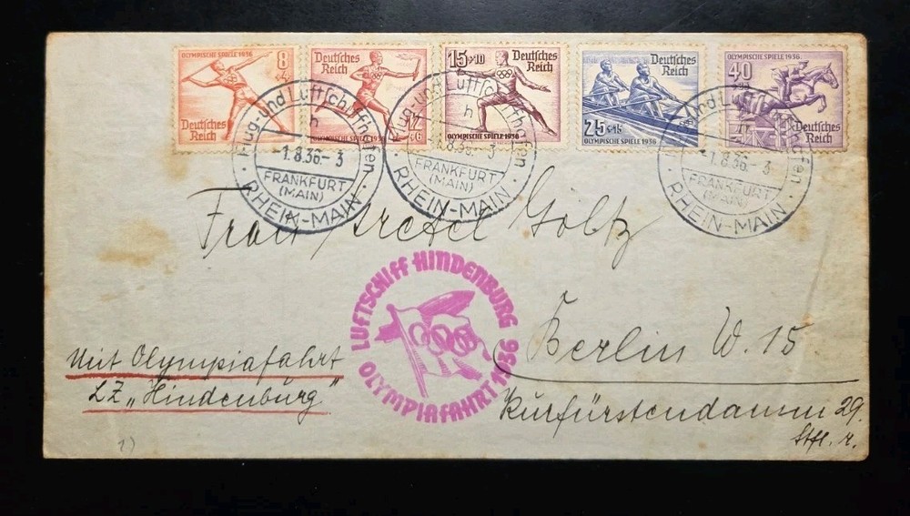1936 LZ-129 Hindenburg Zeppelin Berlin Olympics Flyover Flight Airmail Cover
