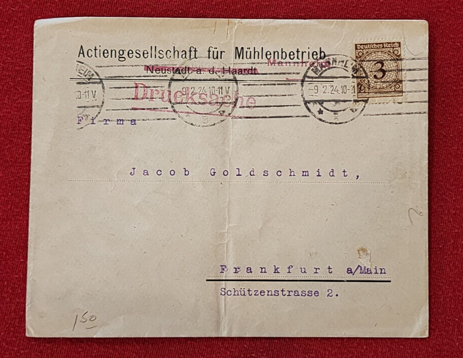 Imperial German Deutsches Reich cover Manheim to Frankfurt 1925 Metered cancel