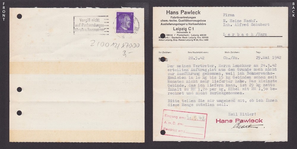 GERMANY 1942, Postcard from Leipzig to Lerbach, Special cancellation