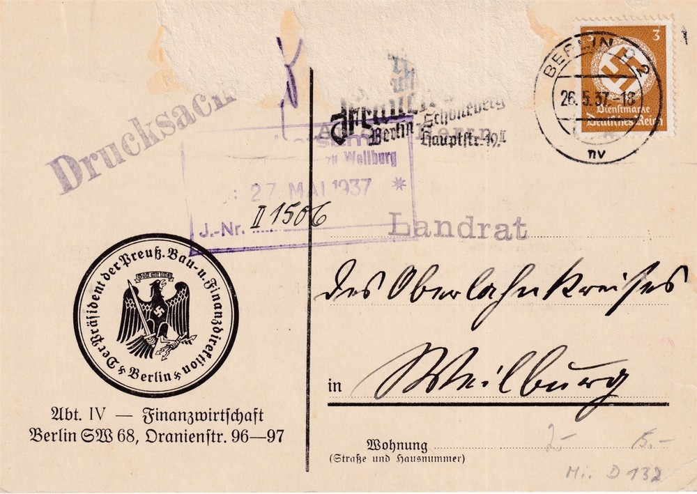 Card Stamp Germany Mi Dienst Official 132 WWII 1937 Berlin