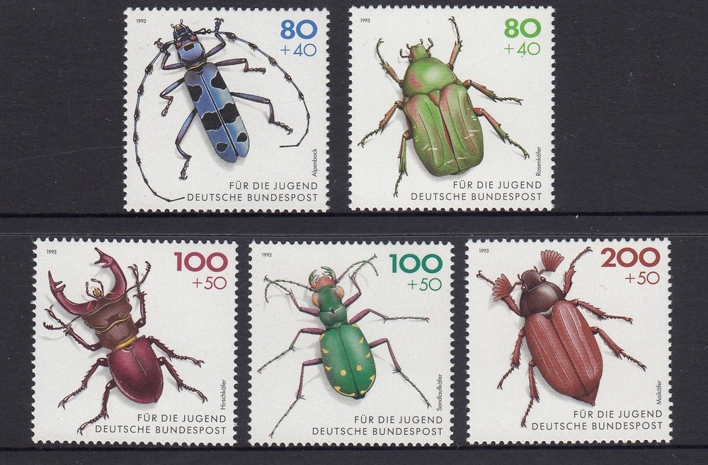 GERMANY – 1993 YOUTH WELFARE FUND set of 5 MNH – BEETLES ,Insects ,Wildlife