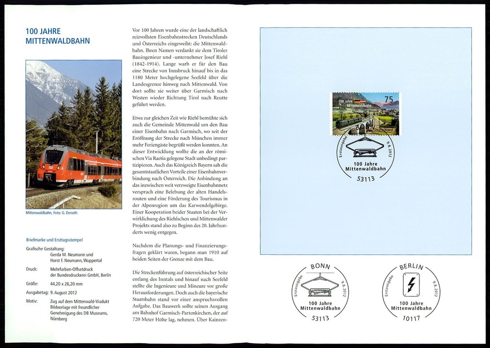 GERMANY FOLDER 2012/35 EISENBAHN MITTENWALDBAHN RAILROAD RAILWAY
