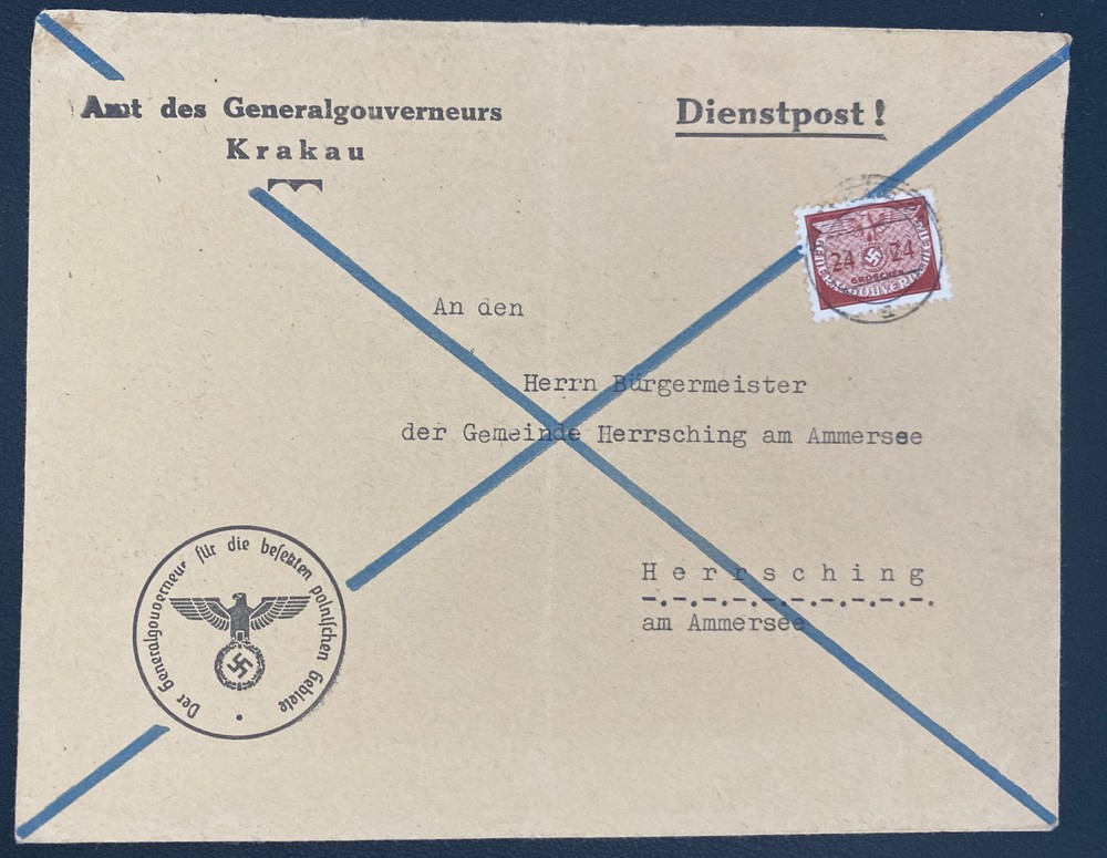 1940s Krakau GG Germany Dienstpost Official Cover To Herrsching