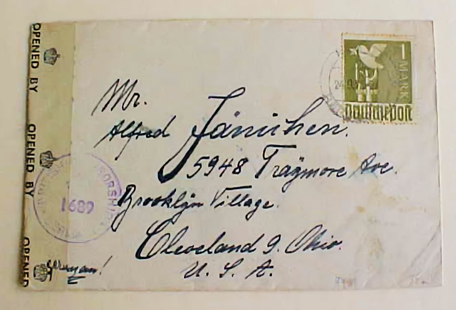 GERMAN PEACE DOVE 1M BRITISH ZONE TO USA CENSORED