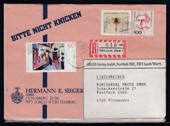 GERMANY Registered Cover Lorch to Pirmasens 4-7-1992 Cancel