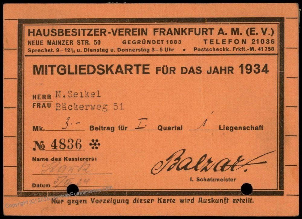Germany 1934 Frankfurt Hausbesitzer Homeowners Membership Revenue Card 77181