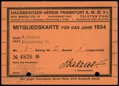 Germany 1934 Frankfurt Hausbesitzer Homeowners Membership Revenue Card 77181