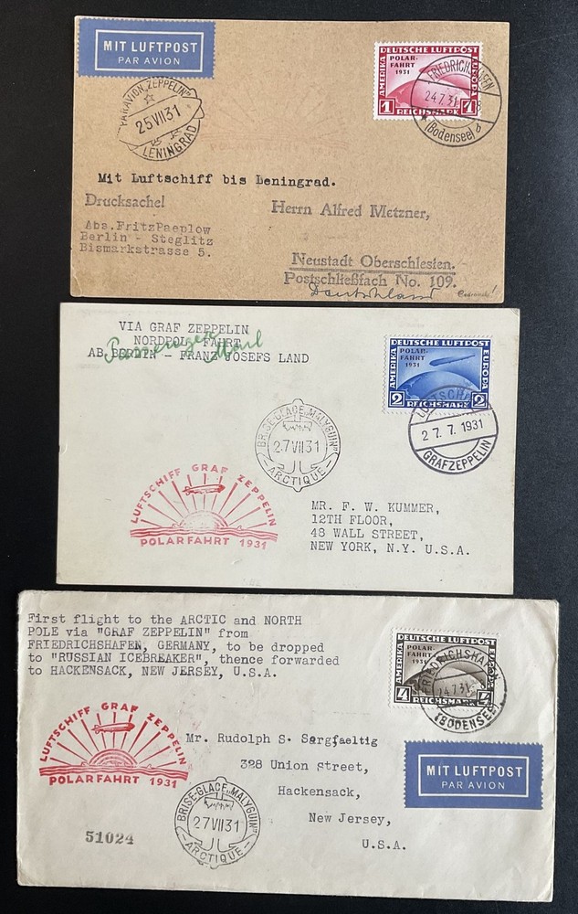 GERMANY 1931 456-458 SET each single franking ZEPPELIN ITEM POLAR TRIP (H6941