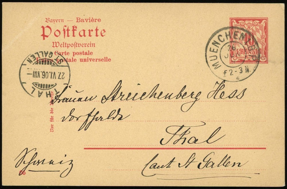 Germany Bavaria Munich to Switzerlan Thal 1906 Stationery Postal Card Translated