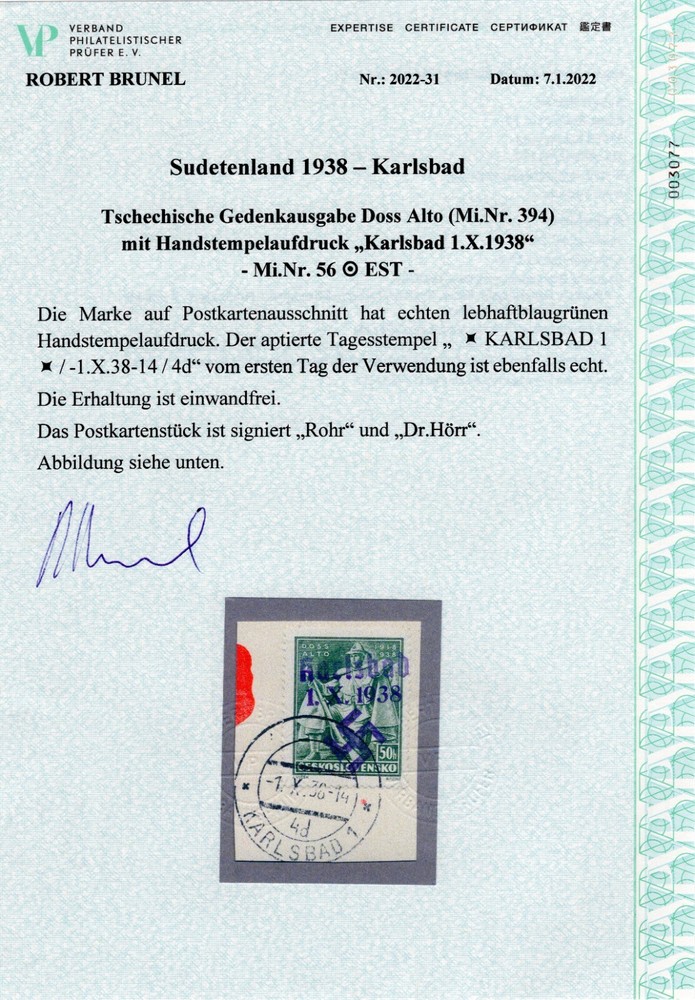 GERMANY OCC SUDETENLAND KARLSBAD MICHEL 56 FIRST DAY PERFECT USED CERT BRUNEL