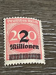 Rare Weimar German Reich 1923 Stamp 2 Millionen Overprint 200 Mark Red Inflation