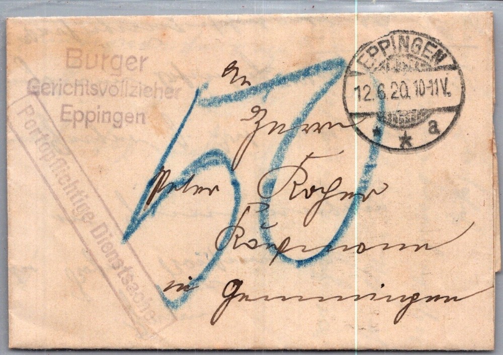GERMANY 1920 POSTAL HISTORY OFFICIAL LETTER ADDR CANC EPPINGEN