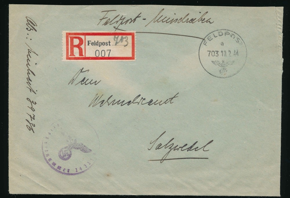 German WWII Registered Feldpost Cover 1944 R Label Military Mail Salzgitter