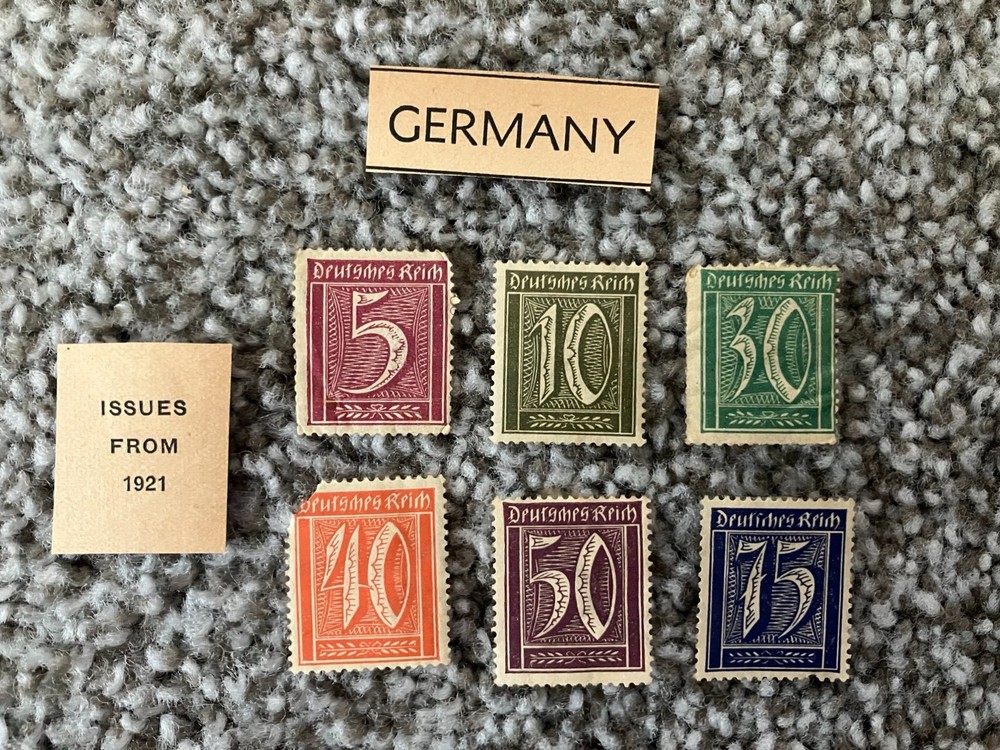 Germany Stamps – 1921 – Set of 6 – Numeral – Reich – Green, Blue, Red, Orange