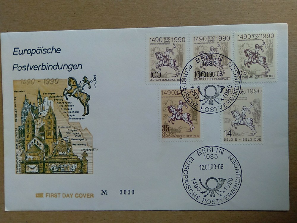 GERMANY DDR First Day Cover #3030 European Postmen 1490-1990 5 Different Countri