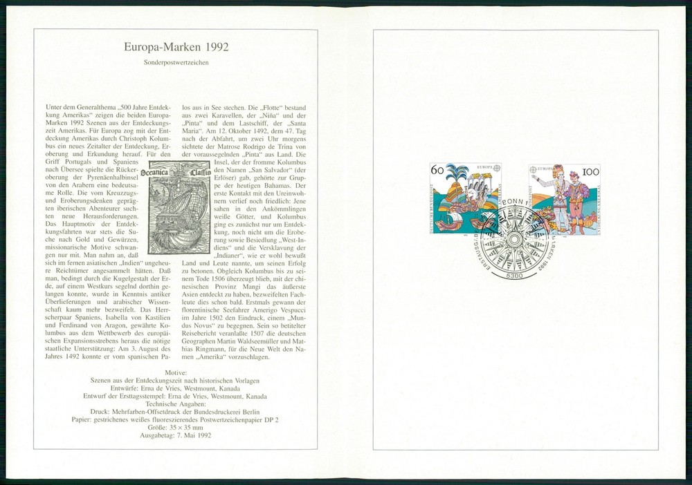 GERMANY FOLDER 1992/16 EUROPA CEPT ENTDECKUNG AMERIKAS NATIVES