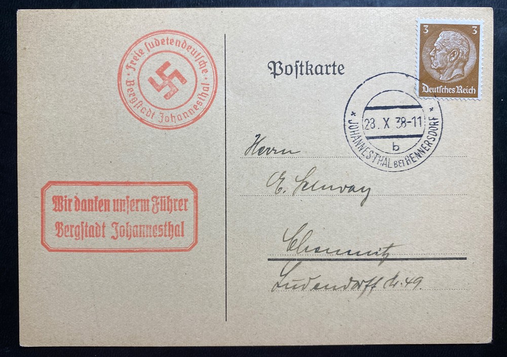 1938 Sudetenland Germany Provisional Postcard Cover To Chemnitz