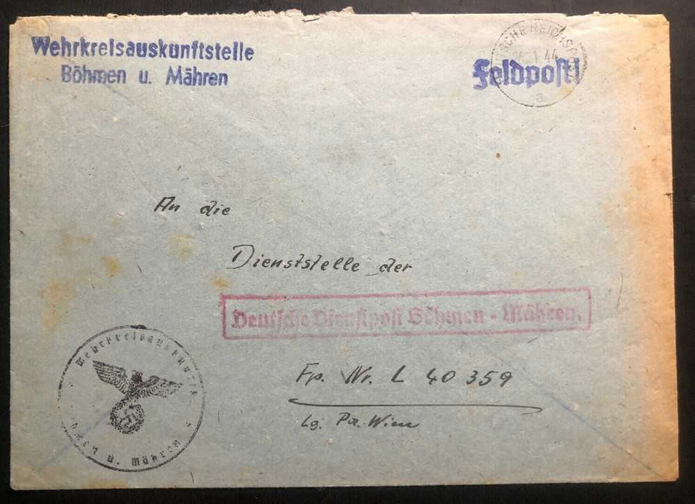1944 Germany Bohemia Moravia Official Feldpost Cover To Luftwaffe South Greece