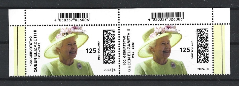 Germany 2026 Queen Elizabeth II’s 100th Birthday MNH Pair Stamps w/Top Corners