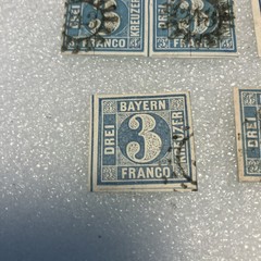 7 USED Antique Authentic Bavaria Bayern Stamps Blue 3 Kreuzer Numeral; 1850-1862