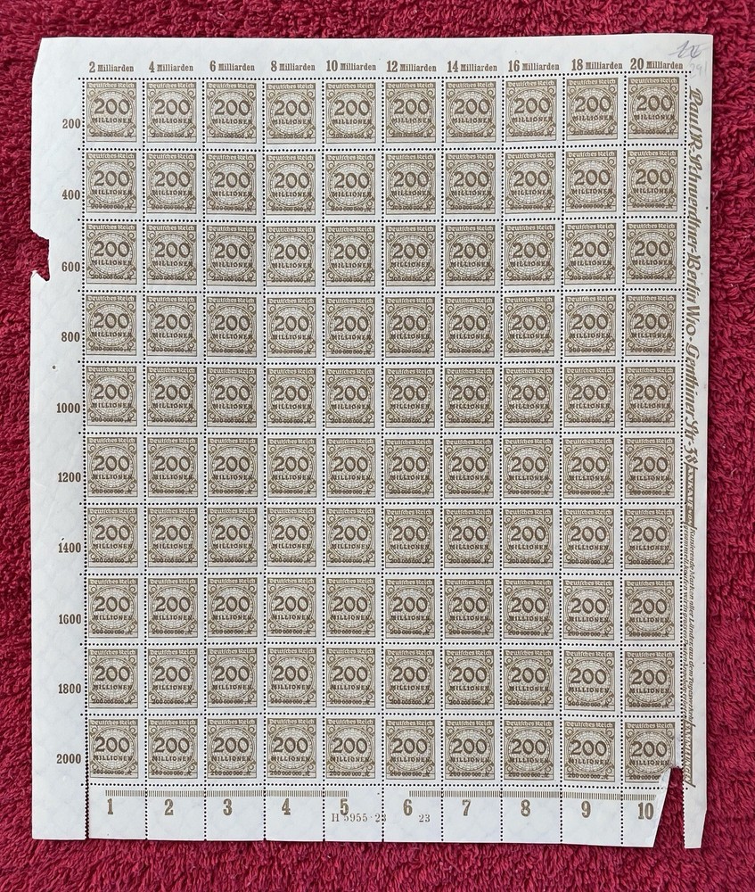 Germany #291, 200,000,000(!)mark, 1923 Hyperinflation Mint sheet/100 (R12-107/2)