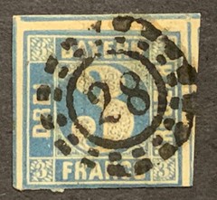 Travelstamps: Bayern Stamps , 3 Kreuzer, Used, NG, Handstamped “28”