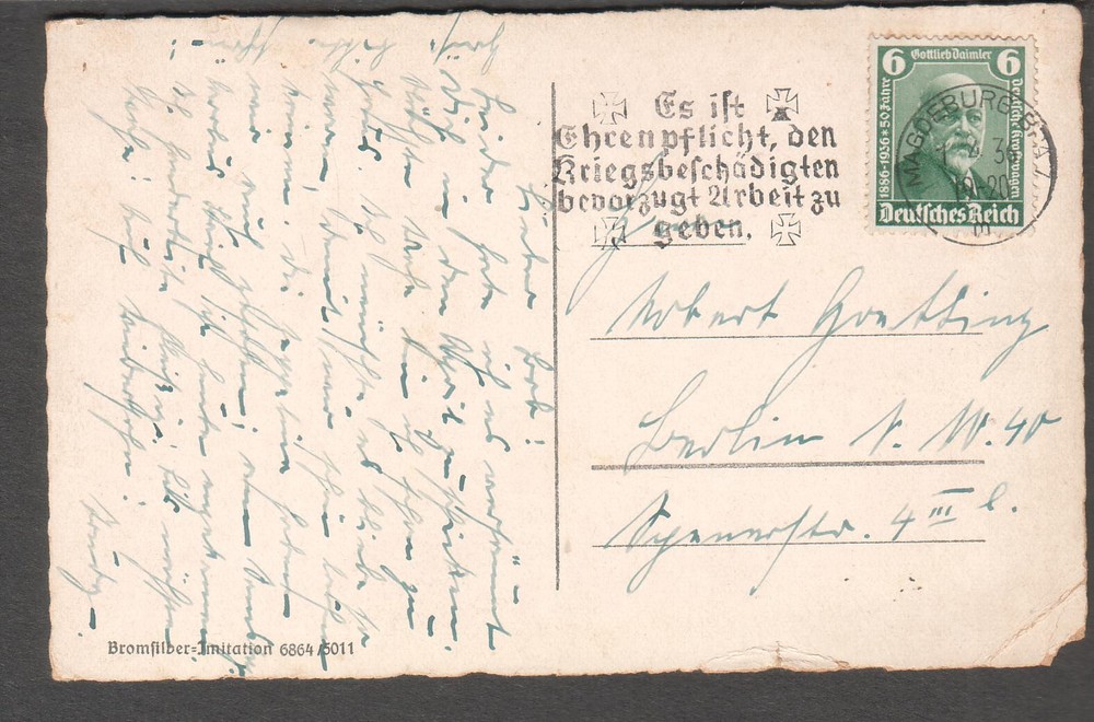 Germany 1936 Magdeburg Der Ehrenhof post card Ghcenpflicht slogan cancel