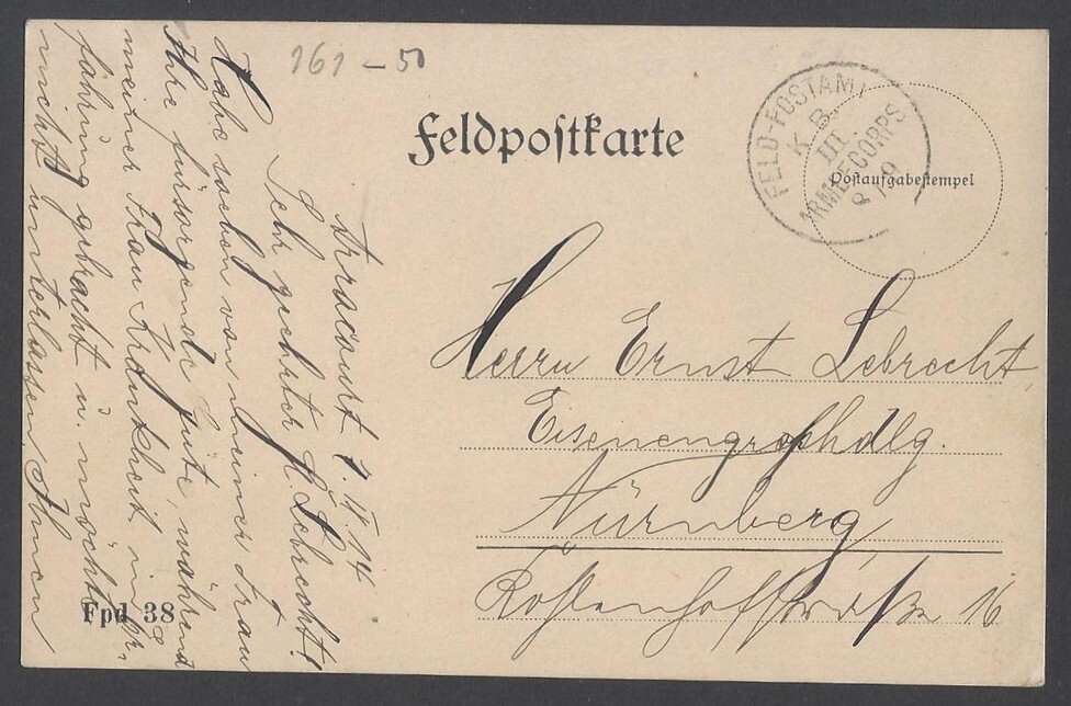 AOP Germany WW1 1919 Feldpostkarte FELD- POSTAMI/ K.B. III ARMLECORPS 819