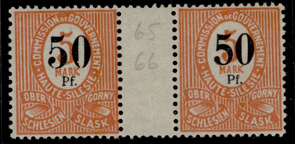 UPPER SILESIA 1920 50pf on 5m dp red-orange gutter pair Mi.12a ZW2, LH MINT Cert