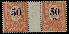 UPPER SILESIA 1920 50pf on 5m dp red-orange gutter pair Mi.12a ZW2, LH MINT Cert