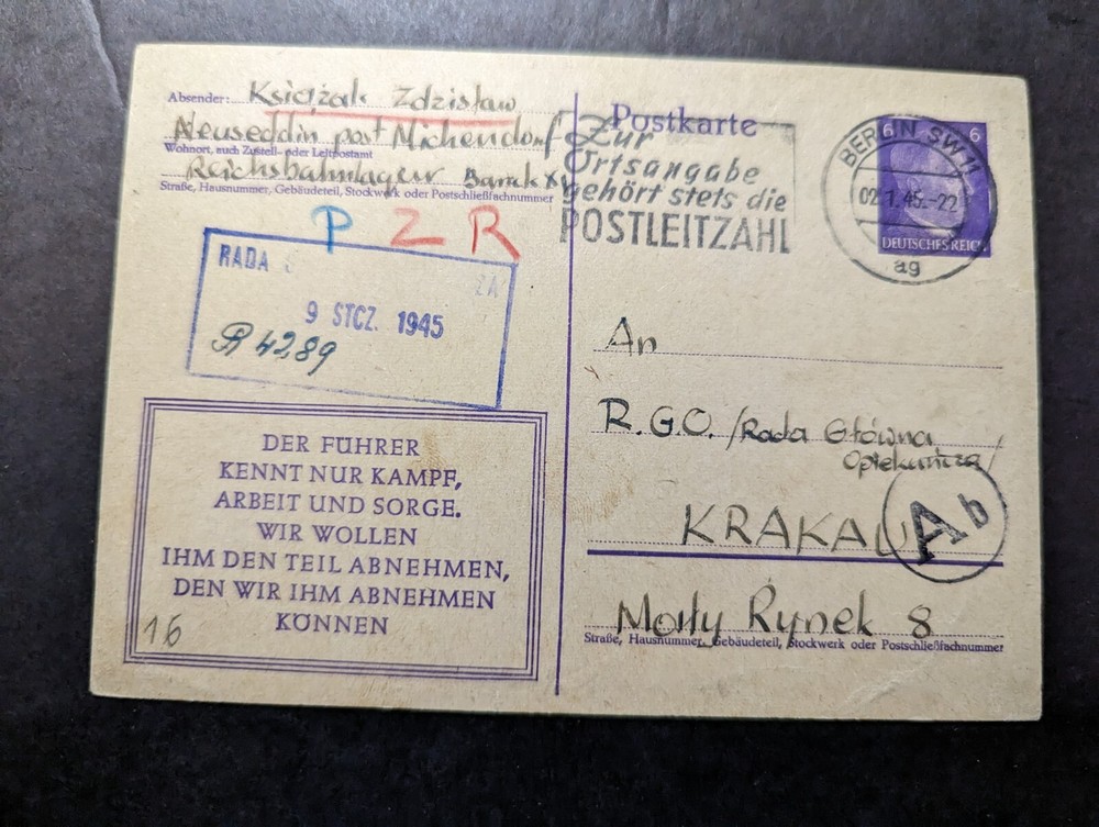 1945 Germany Postcard Cover to Krakau Reichsbahn Lager Train Labor Crew
