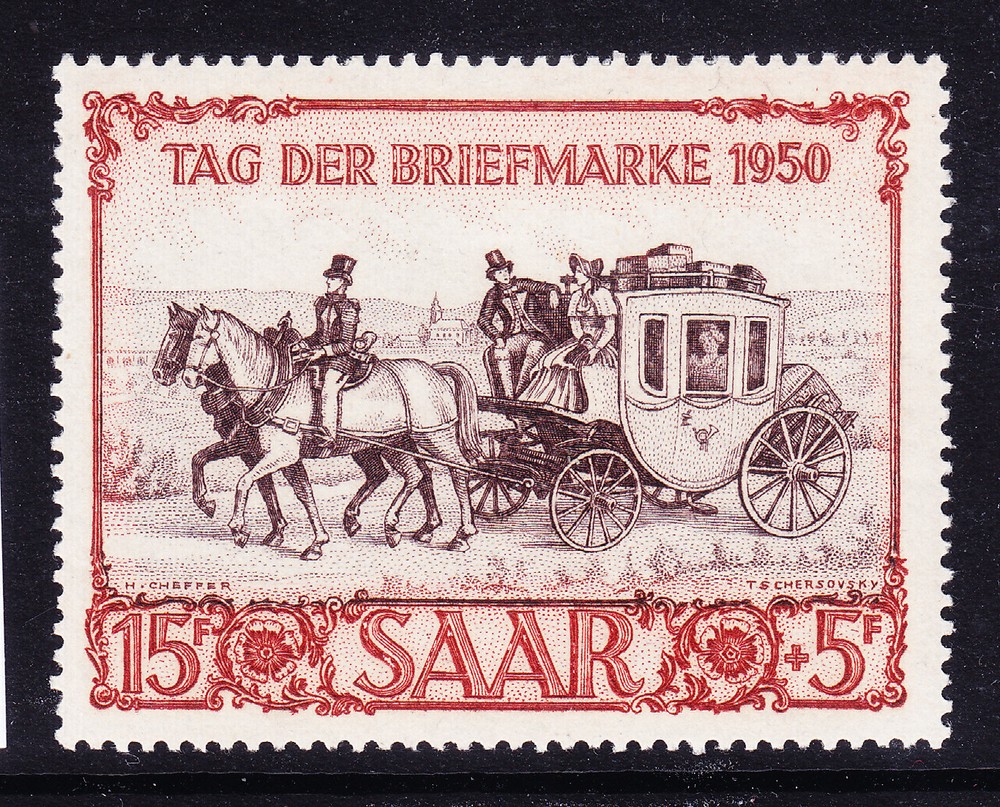 GERMANY SAAR 1950 Stamp Day 15f + 5f purple-brown & brown-red superb u/m cat£120
