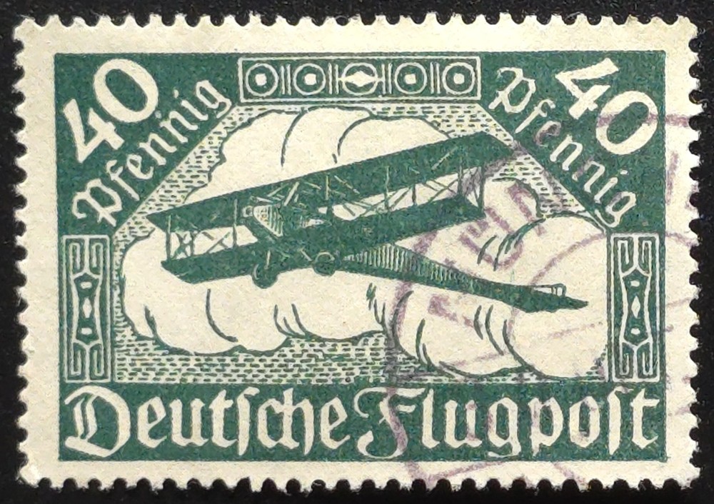 Germany – 1922 Scott C5 Deutsche Flugpost 40pf Green Biplane Over Clouds – Stamp