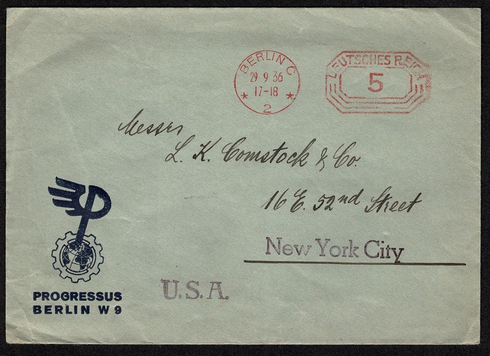 Berlin Germany Progressus Berlin W9 Meter Postage Cover 1936 Deutsches Reich