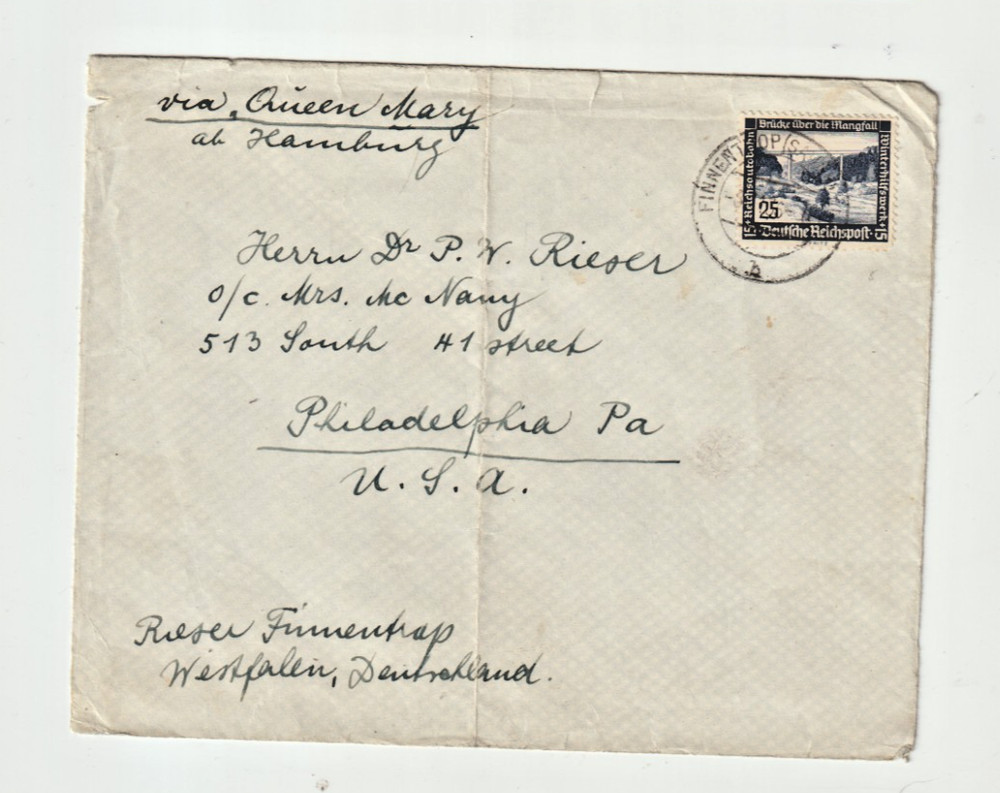 Germany 1936 Cover to US with single Scott # B100 “ via QUEEN MARY ab HAMBURG „