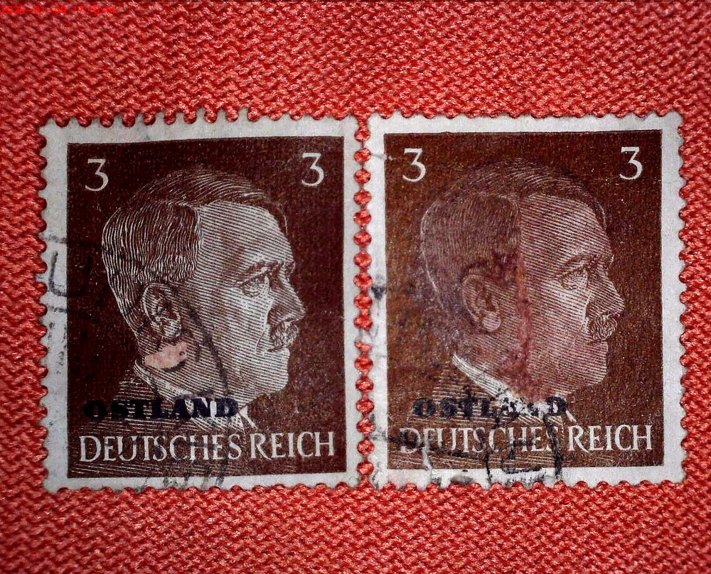 Deutsches Reich 1940s, 2 stamps with overprint Ostland, Adolf Hitler, 3Pf, used