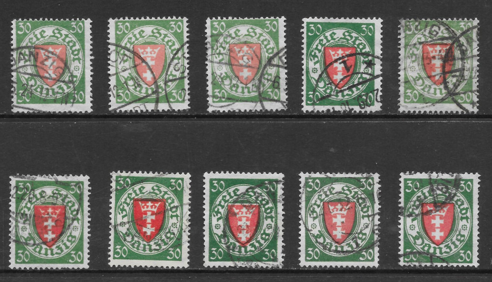 DANZIG SCOTT 181 USED x 10 – 1924 30pf GREEN & RED COAT OF ARMS ISSUE (B)