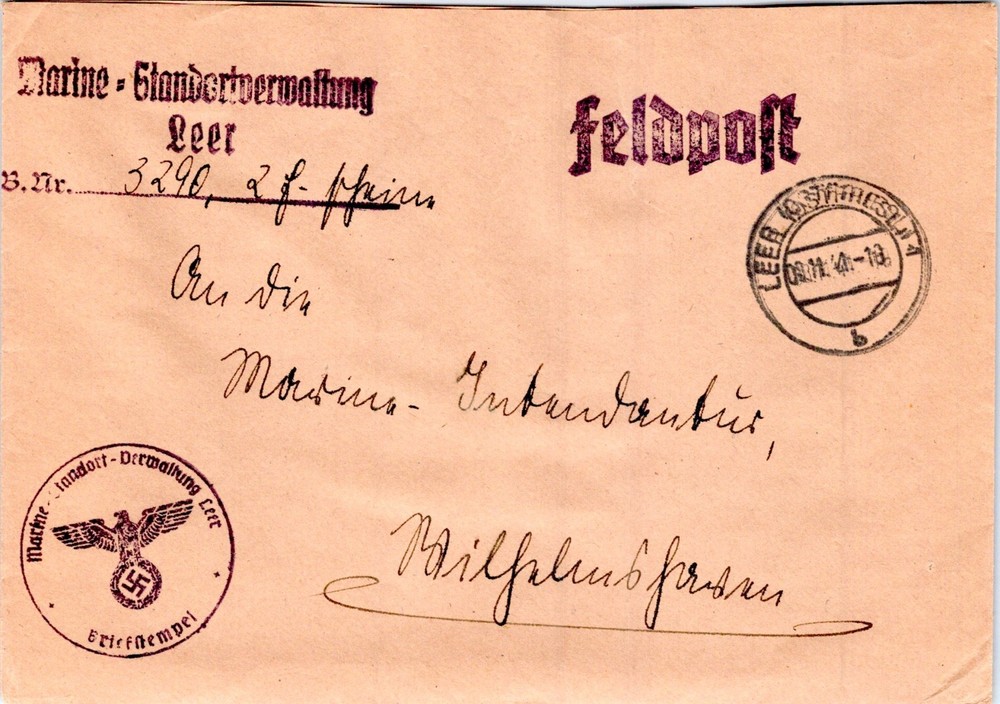 GERMANY 1940’s WWII OFFICIAL MILITARY FELDPOST ADDR & SPECIAL CANC POSTMARK LEER