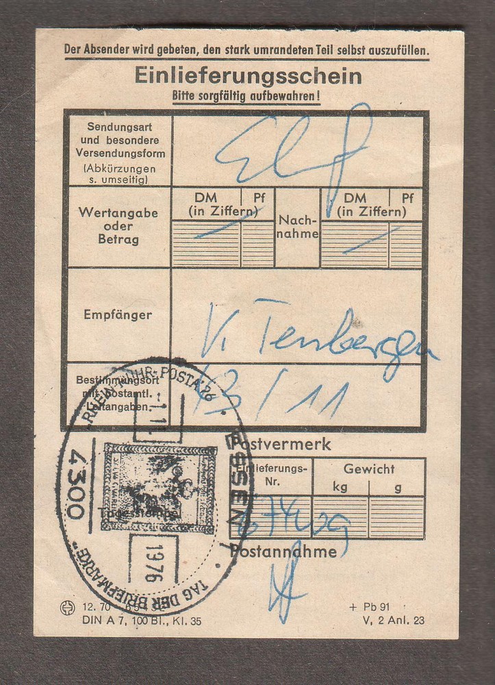 Germany 1976 Einlieferungsschein form Wssen 1 4300 Tag Der Briefmarke cancel
